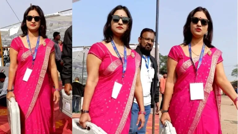 MP Election: कौन हैं विराज नीमा? जिनके हाथ में EVM देखकर ठहर गईं लोगों की नजरें! tenu kala chasma jachda hai lyrics Polling officer Viraj Neema Polling officer Viraj Neema look viral Viraj Neema wearing pink saree Viraj Neema in pink saree