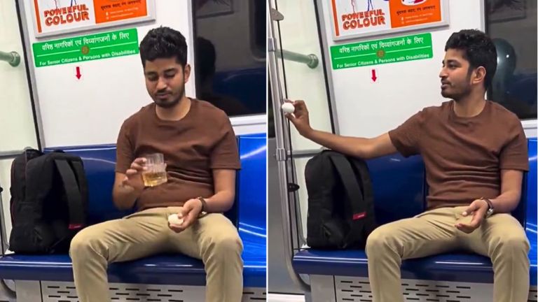 Viral Video: दिल्ली मेट्रो में युवक अंडे के साथ छलका रहा था जाम, अरेस्ट होने पर बताई हैरान कर देने वाली वजह! तस्वीर: स्क्रीनग्रैब