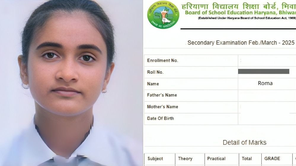Haryana Board Topper Marksheet: झज्जर की रोमा ने हरियाणा बोर्ड में10वीं में किया Top, नंबर देख उड़ जाएंगे होश, यहां देखें मार्कशीट राेमा, हरियाणा बोर्ड में दसवीं में टॉप 20 में शामिल हुई छात्रा