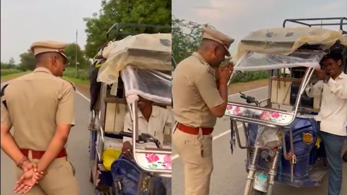 दारोगा भगवत पांडेय ई-रिक्शा चालक को गाना गाकर ट्रैफिक सुरक्षा का संदेश देते हुए