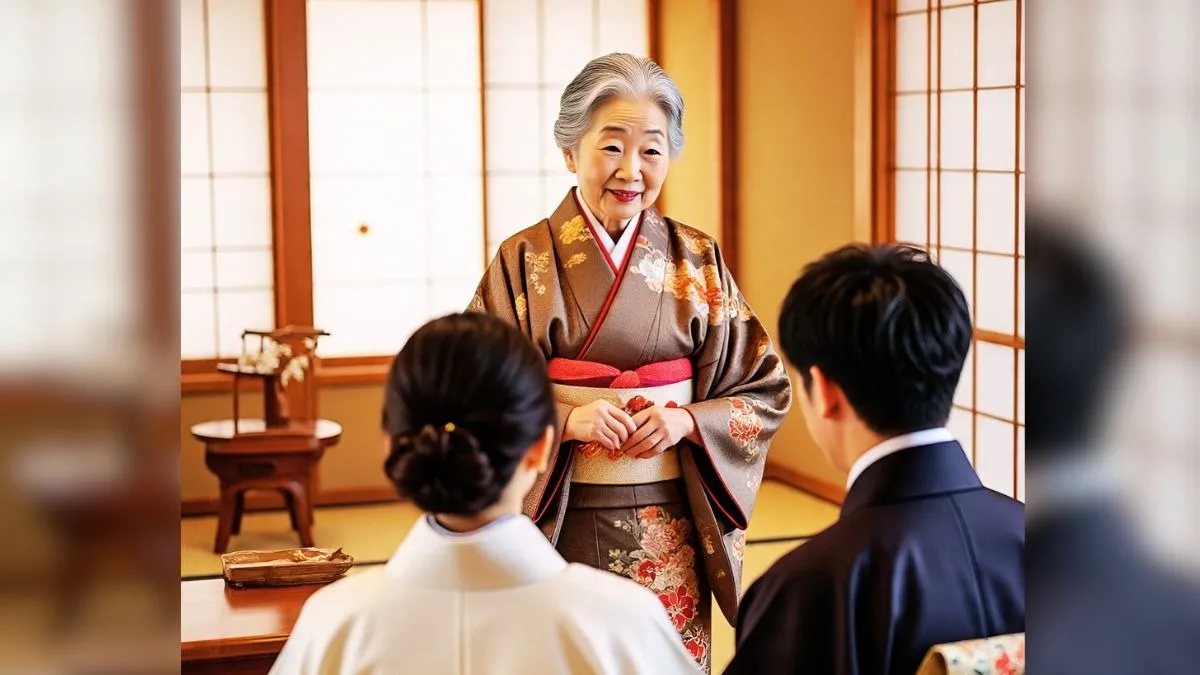 elderly Japanese woman teaching couple