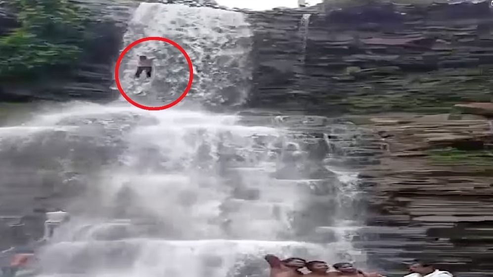 वॉटरफॉल की चोटी पर चढ़ा युवक, तभी फिसला पैर और 65 फीट नीचे जा गिरा, रोंगटे खड़े कर देगा हादसे का वीडियो chhattisgarh viral news