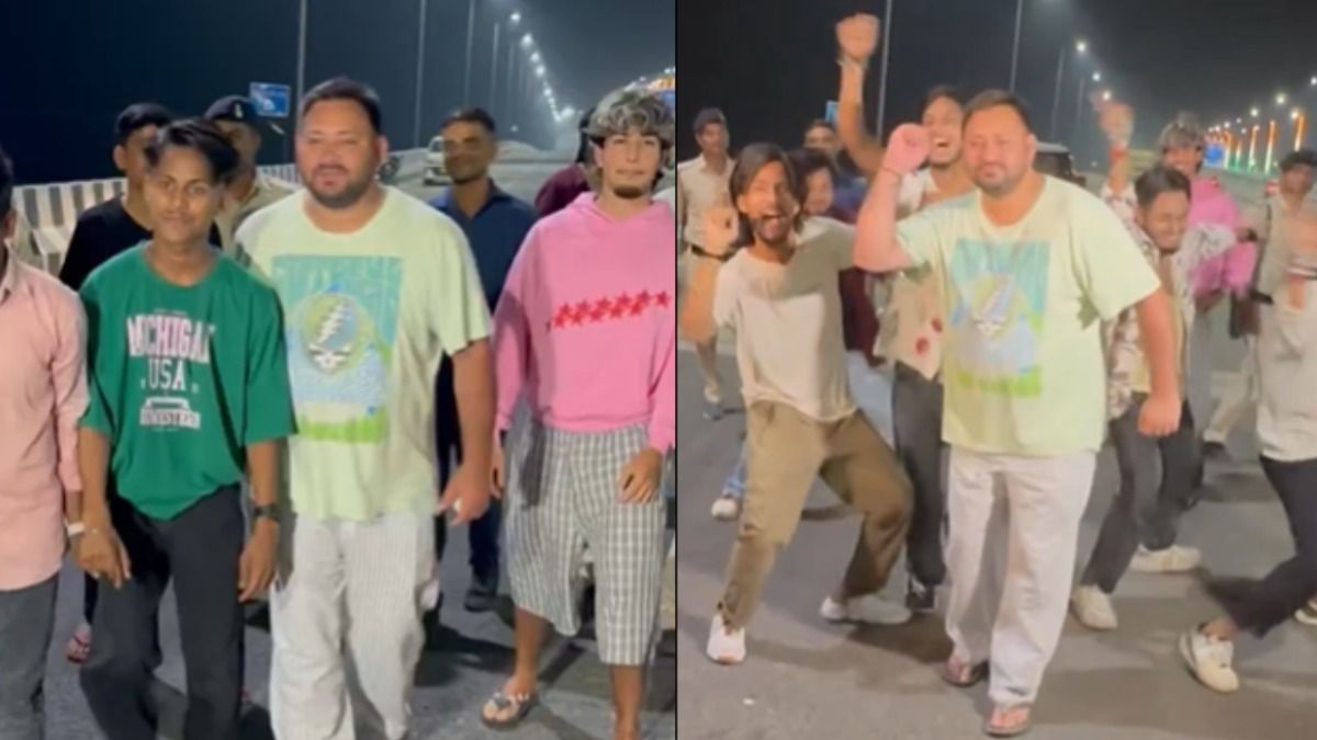 Tejashwi Yadav dancing with youth Patna Marine Drive