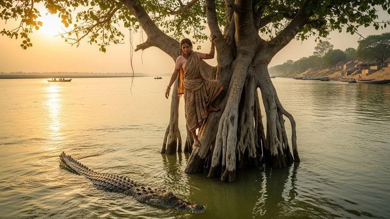 पति से झगड़े के बाद पत्नी ने लगाई गंगा में छलांग, समाने दिखा मगरमच्छ तो पेड़ पर बैठकर बिताई रात मगरमच्छ के डर से पेड़ पर चढ़ी महिला (सांकेतिक तस्वीर)