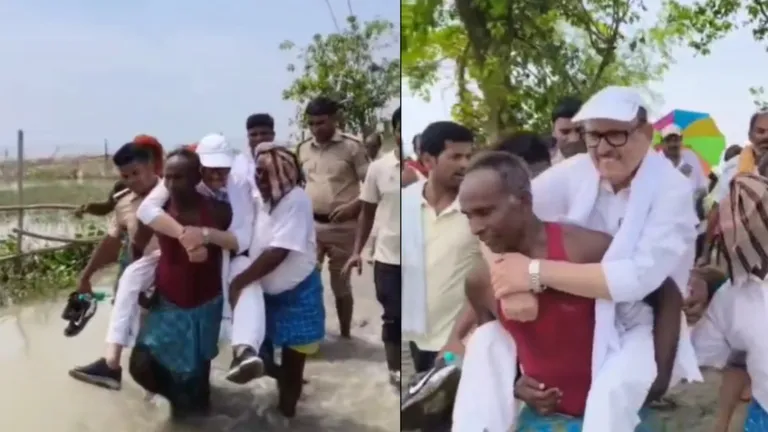 बाढ़ग्रस्त इलाके में जायजा लेने पहुंचे नेता जी हो गए जनता के कंधे पर सवार, वीडियो हुआ वायरल Congress MP Tariq Anwar on shoulders in Bihar flood area