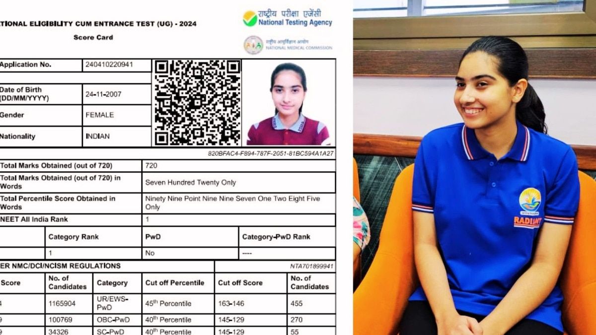 NEET 2024 Rajasthan Topper Marksheet: उदयपुर की ईशा ने नीट में किया कमाल, मार्कशीट में नंबर देखकर हर कोई रह गया हैरान तस्वीर: राजस्थान तक.