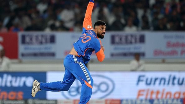 Varun Chakravarthy of India bowls during the International T20 match between India and England
