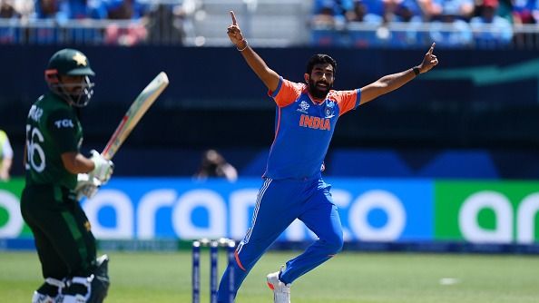 Jasprit Bumrah of India celebrates after taking the wicket of Babar Azam