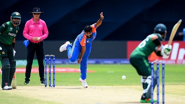 Jasprit Bumrah of Pakistan bowls during the ICC Men's T20 Cricket World Cup India and Pakistan