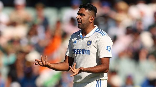 Ravichandran Ashwin of India reacts after dismissing Mitch Marsh of Australia during day two of the Men's Test Match series between Australia and India
