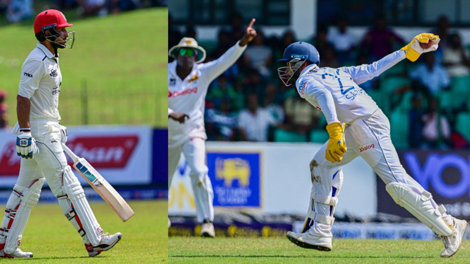 SL vs AFG Test: सदीरा समरविक्रमा (दाएं) ने रहमत शाह का जबरदस्त कैच पकड़ा.