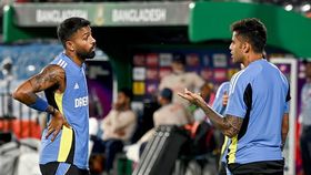 India's Hardik Pandya (L) and captain Suryakumar Yadav speak before the start of the third and final Twenty20 international cricket match between India and Bangladesh India's Hardik Pandya (L) and captain Suryakumar Yadav speak before the start of the third and final Twenty20 international cricket match between India and Bangladesh