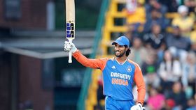 India's Tilak Varma celebrates after scoring a century during the fourth T20 international cricket match between South Africa and India India's Tilak Varma celebrates after scoring a century during the fourth T20 international cricket match between South Africa and India