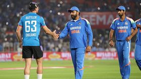 England captain Jos Buttler shakes hands with India captain Rohit Sharma England captain Jos Buttler shakes hands with India captain Rohit Sharma