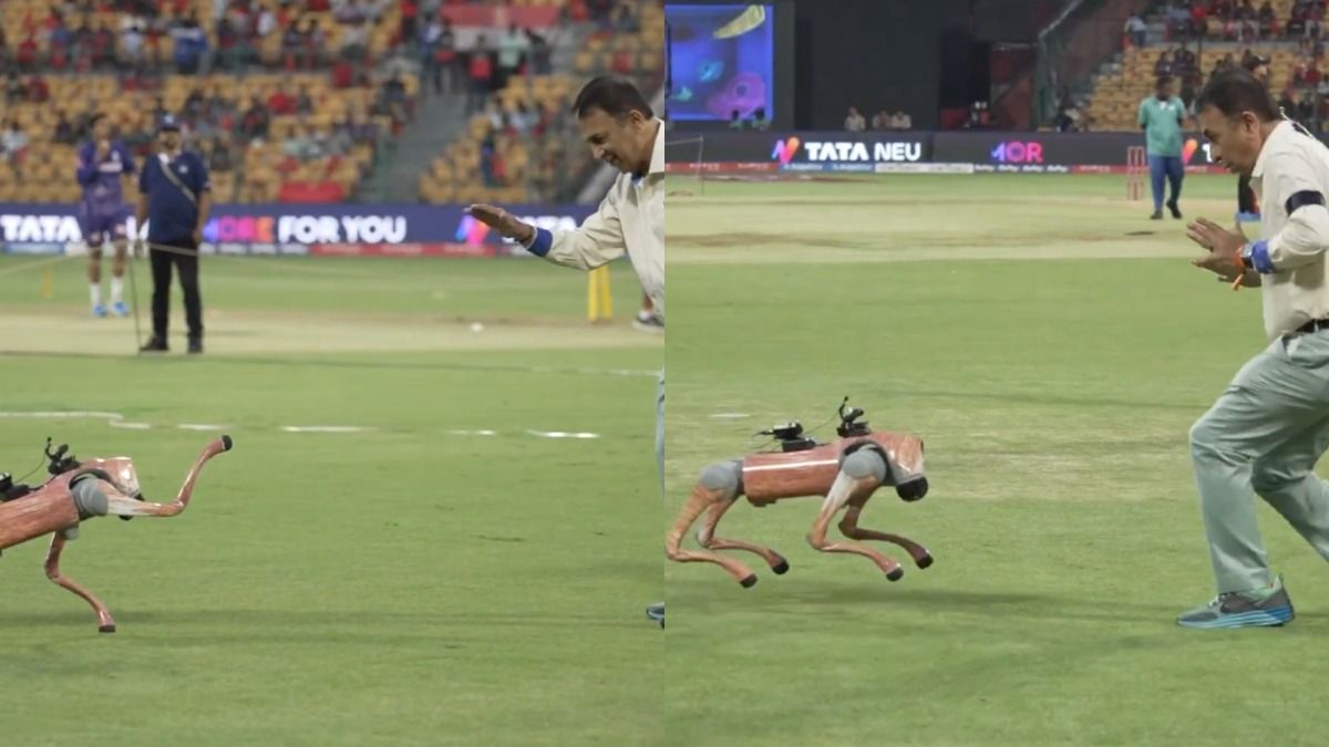 IPL रोबोट डॉग चंपक को देख कूद पड़े सुनील गावस्कर, फिर लगाई दौड़, अंत में जो हुआ उसे देख फैंस की छूटी हंसी, VIDEO