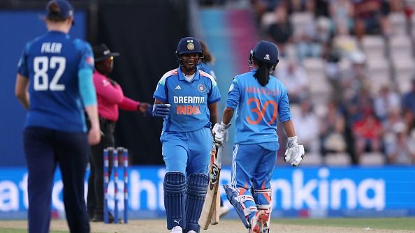 Deepti Sharma and Amanjot Kaur celebrate victory