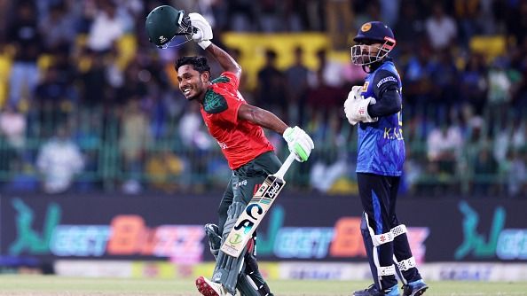 Tanzid Hasan reacts after winning the third T20 cricket match