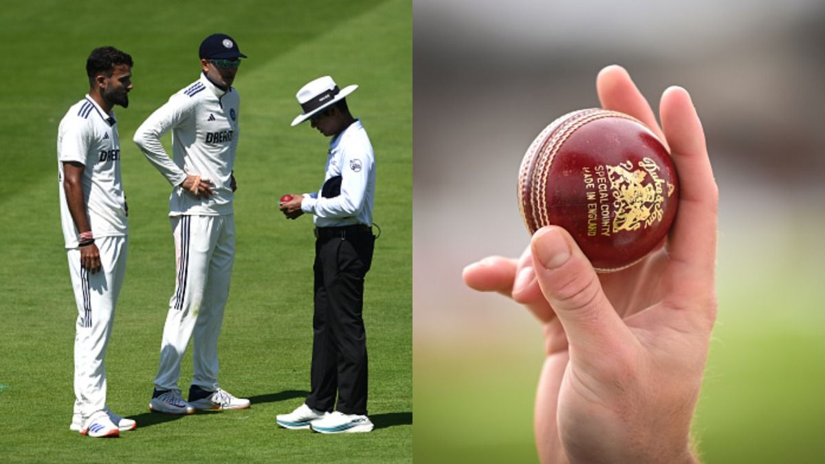  India captain Shubman Gill (c) and bowler Akash Deep have words with umpire Sharfuddoula Saikat over the condition of the ball during day two of the Third Test Match between England and India and Dukes ball in frame
