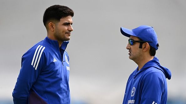  India captain Shubman Gill with coach Gautam Gambhir during a nets session at Headingley on June 18, 2025 in Leeds, England. 