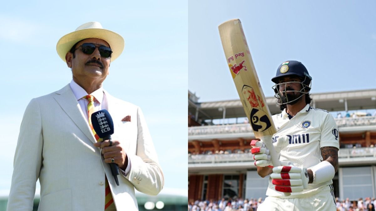 Former India's head coach Ravi Shastri (L) and veteran batter KL Rahul in frame