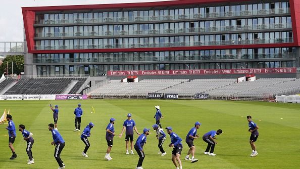 India players during a nets session at Emirates Old Trafford, Manchester