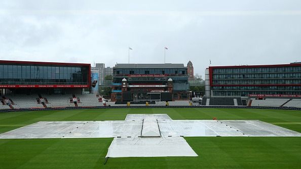 A general view of rain covers on the pitch ahead of a nets session at Emirates Old Trafford, Mancheste