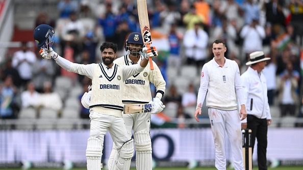 India batsman Ravindra Jadeja celebrates his century with Washington Sundar
