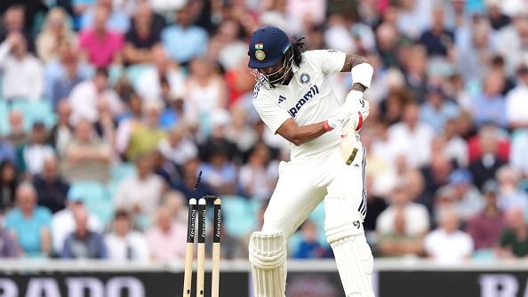 India's KL Rahul is bowled by England's Chris Woakes