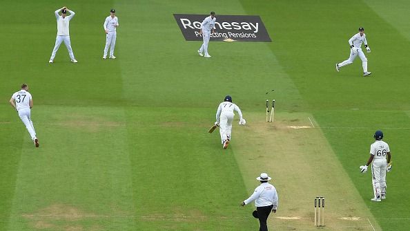 Shubman Gill of India is run out by a direct throw from Gus Atkinson of England