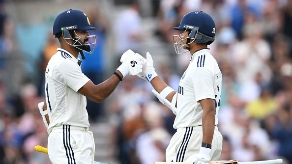 India batsman Akash Deep reaches his 50 as is congratulated by Yashasvi Jaiswal