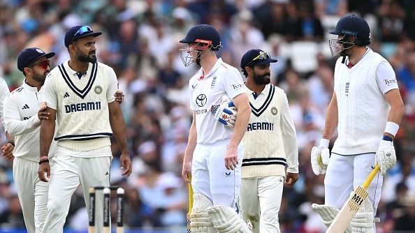 England player Harry Brook and India player  Akash Deep have a chat