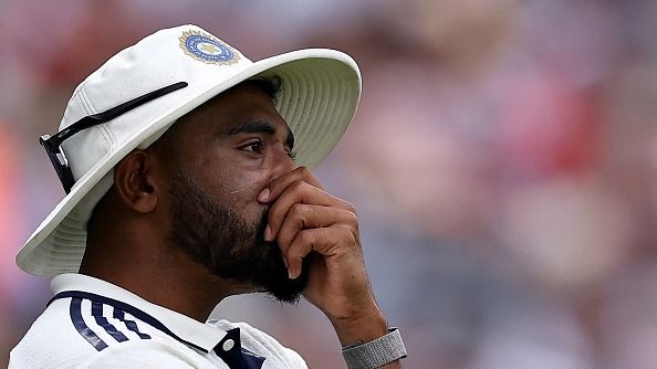 India's Mohammed Siraj reacts after stepping over the boundary line
