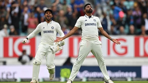 Mohammed Siraj of India celebrates the match winning wicket of Gus Atkinson