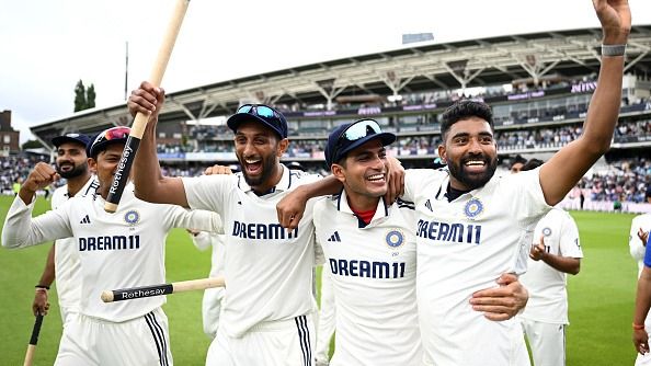 Mohammed Siraj of India celebrates after winning the match with teammates Yashasvi Jaiswal, Shubman Gill and Prasidh Krishna