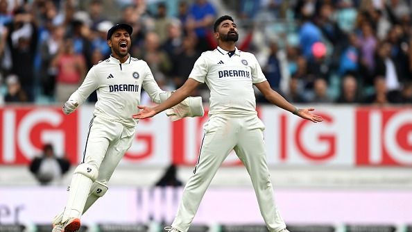 Mohammed Siraj of India celebrates the match winning wicket of Gus Atkinson