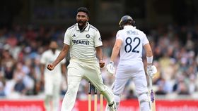 Mohammed Siraj of India celebrates after trapping Jacob Bethell Mohammed Siraj of India celebrates after trapping Jacob Bethell
