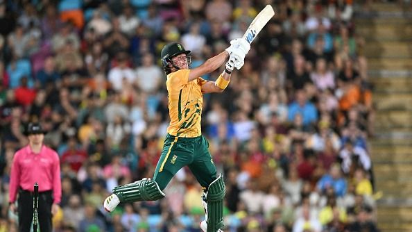 South Africa's batsman Dewald Brevis plays a shot
