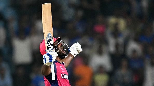 Rajasthan Royals' captain Sanju Samson gestures after his team's win in the Indian Premier League