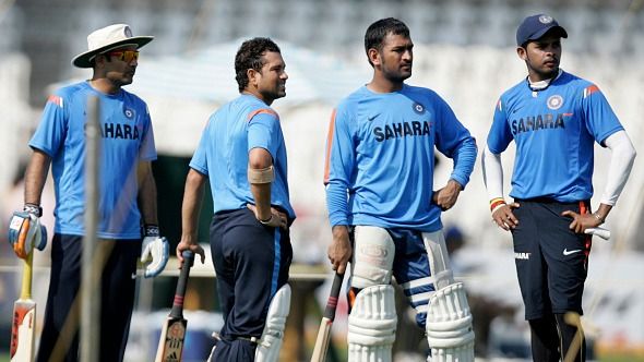 Indian cricketer Virender Sehwag, Sachin Tendulkar, MD Dhoni, and Sreesanth