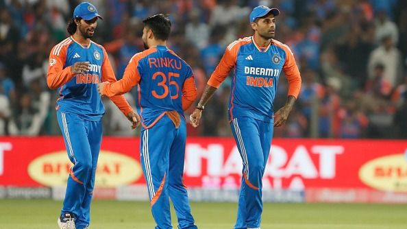 R-L: India's Suryakumar Yadav, Rinku Singh and Tilak Varma in frame