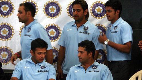Indian Cricket team captain (Sitting from left) Rahul Dravid, Sachin Tendulkar (Standing) Virender Sehwag, Mahendra Singh Dhoni, 
