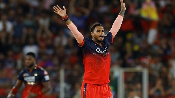 Yash Dayal of Royal Challengers Bengaluru appeals unsuccessfully during the 2025 IPL
