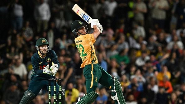 South African batsman Dewald Brevis plays a shot