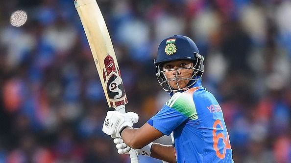 India's Yashasvi Jaiswal watches the ball after playing a shot during the first one-day international