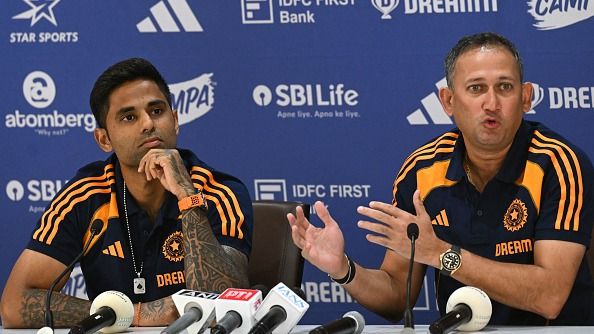 Indian cricket captain Suryakumar Yadav (L) and Ajit Agarkar chairman of Board of Control for Cricket in India