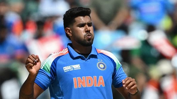 India's Harshit Rana reacts during the ICC Champions Trophy