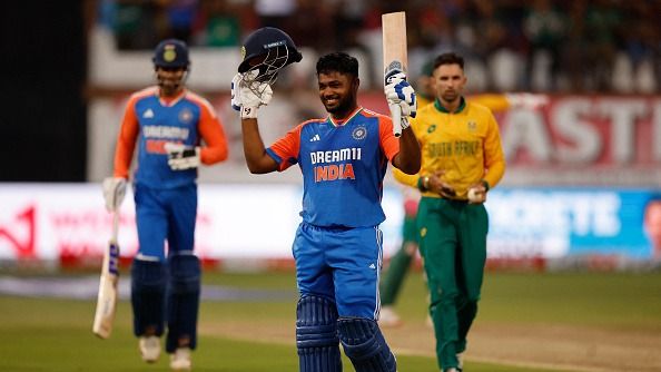 India's Sanju Samson celebrates reaching his century