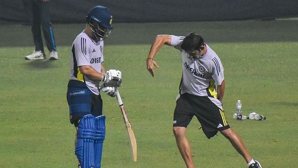 Coach Gautam Gambhir instructs Rinku Singh during a practice session