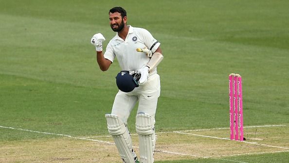 Cheteshwar Pujara of India celebrates