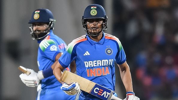 India's Shubman Gill (R) and Shreyas Iyer run between the wickets